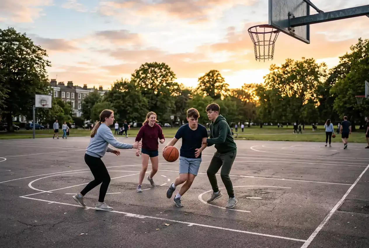 Group of teenagers in a UK city park playing basketball on an outdoor court at sunset