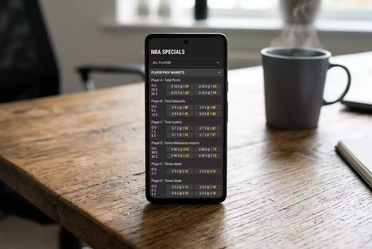 Smartphone on a desk showing a UK sportsbook app NBA player specials menu with multiple markets