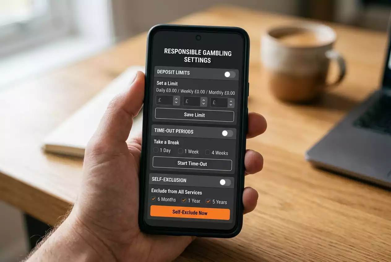 Smartphone showing a generic UK sportsbook responsible-gambling settings screen with deposit limit options