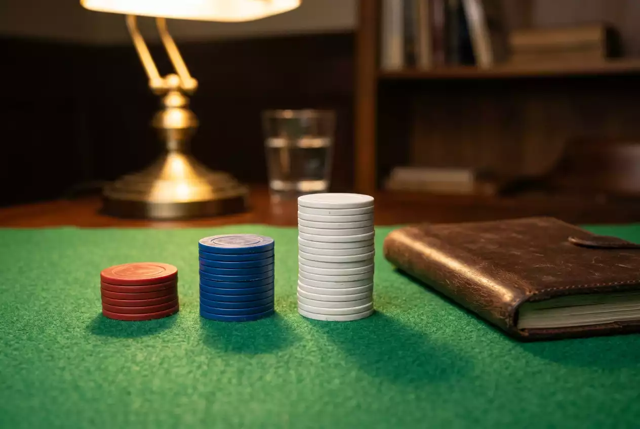 Stack of poker-style chips arranged in three small piles on a felt surface beside a notebook