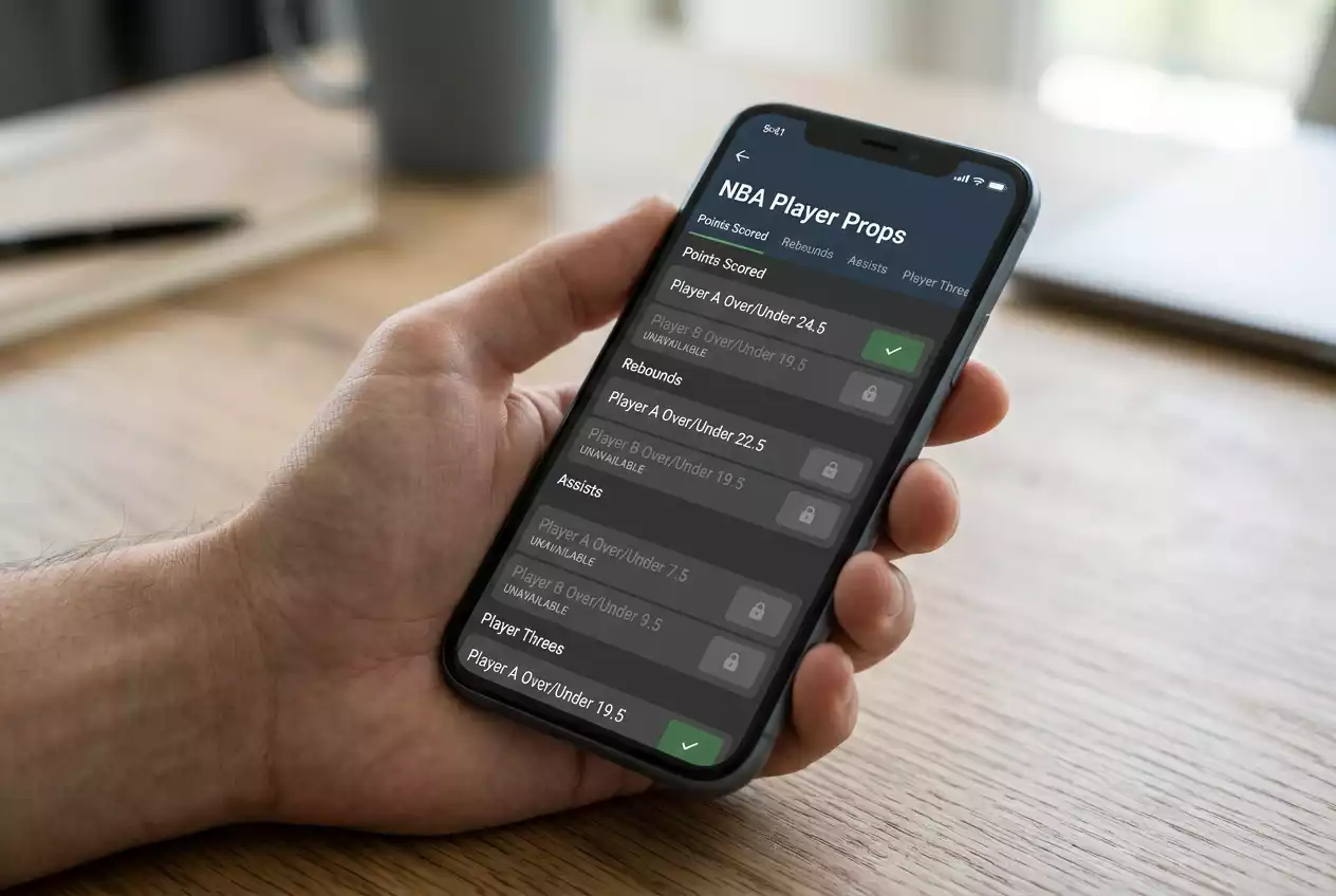 Smartphone showing a UK sportsbook NBA player props menu with several markets greyed out