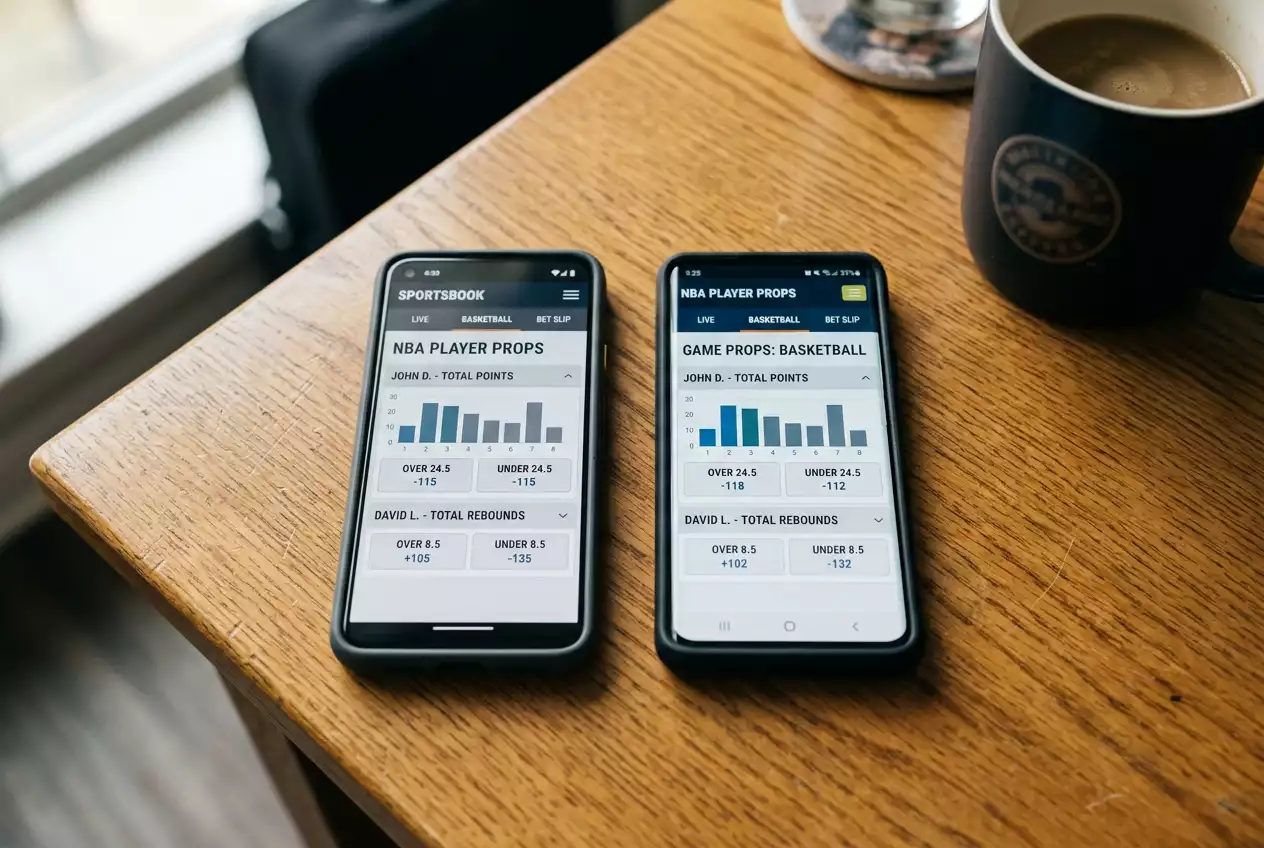 Two smartphones side by side on a desk each showing a different generic sportsbook NBA prop screen