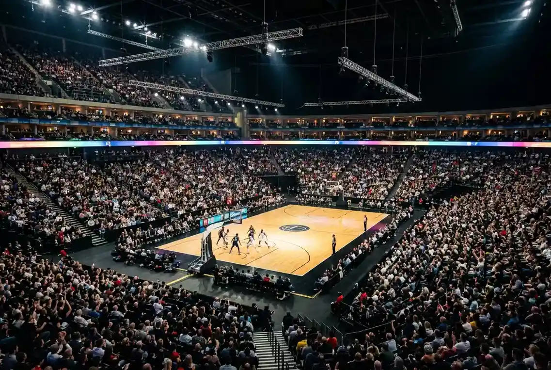 Wide interior view of the O2 Arena in London set up for a basketball game with a packed crowd