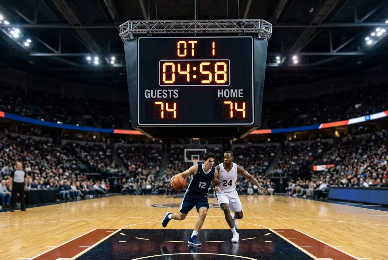 Basketball game scoreboard during overtime with players on a hardwood court below