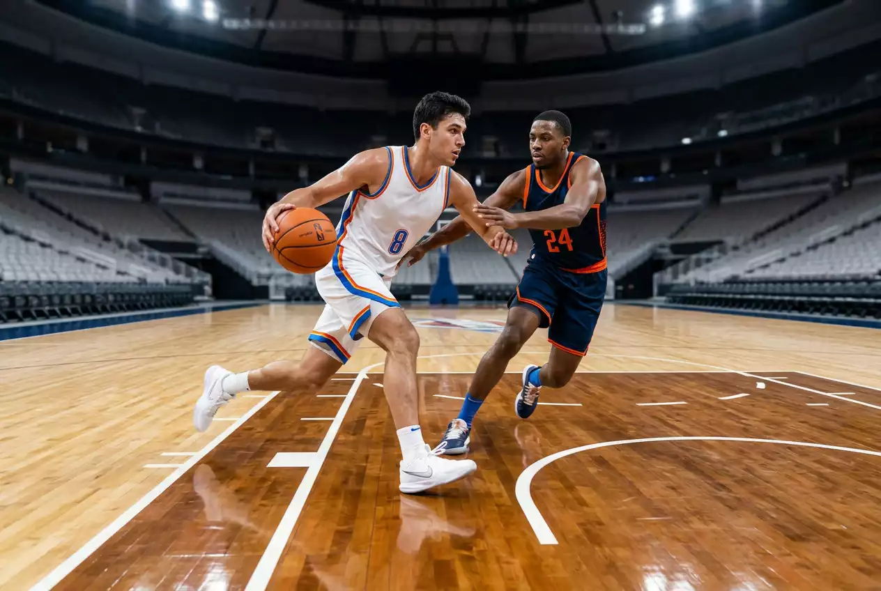 Basketball player driving past a defender on an NBA hardwood court during fast-paced action