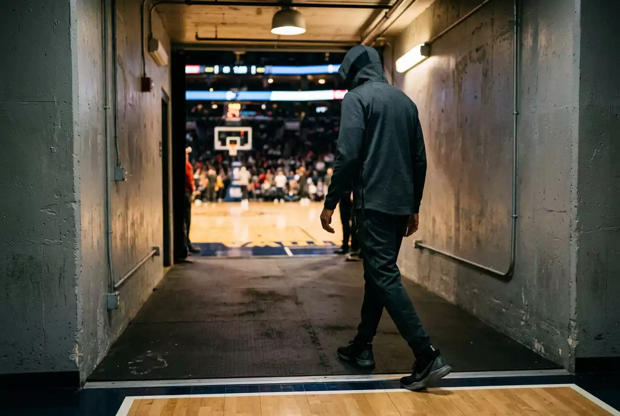 Basketball player walking towards the locker tunnel with hood up after an NBA game