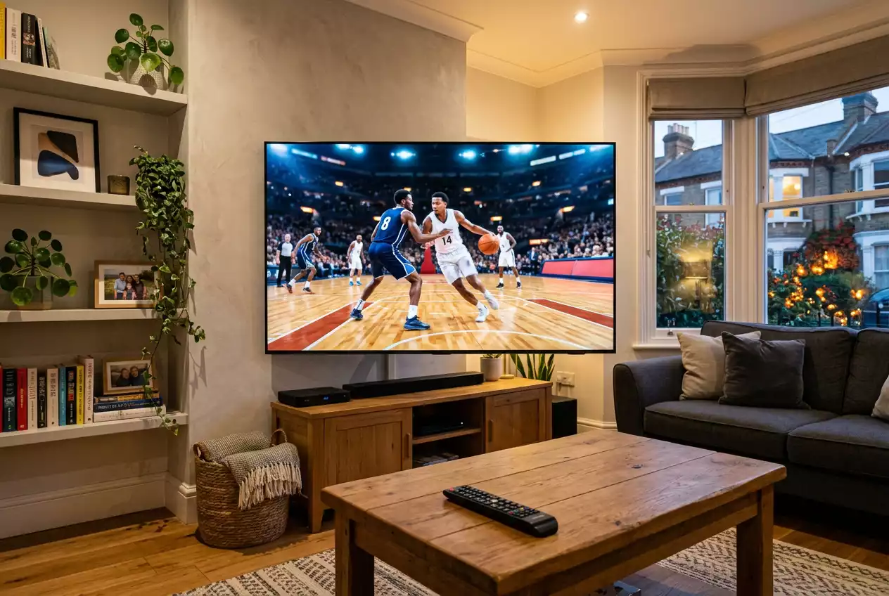 Television displaying a live NBA basketball game in a UK living room with a remote on the coffee table