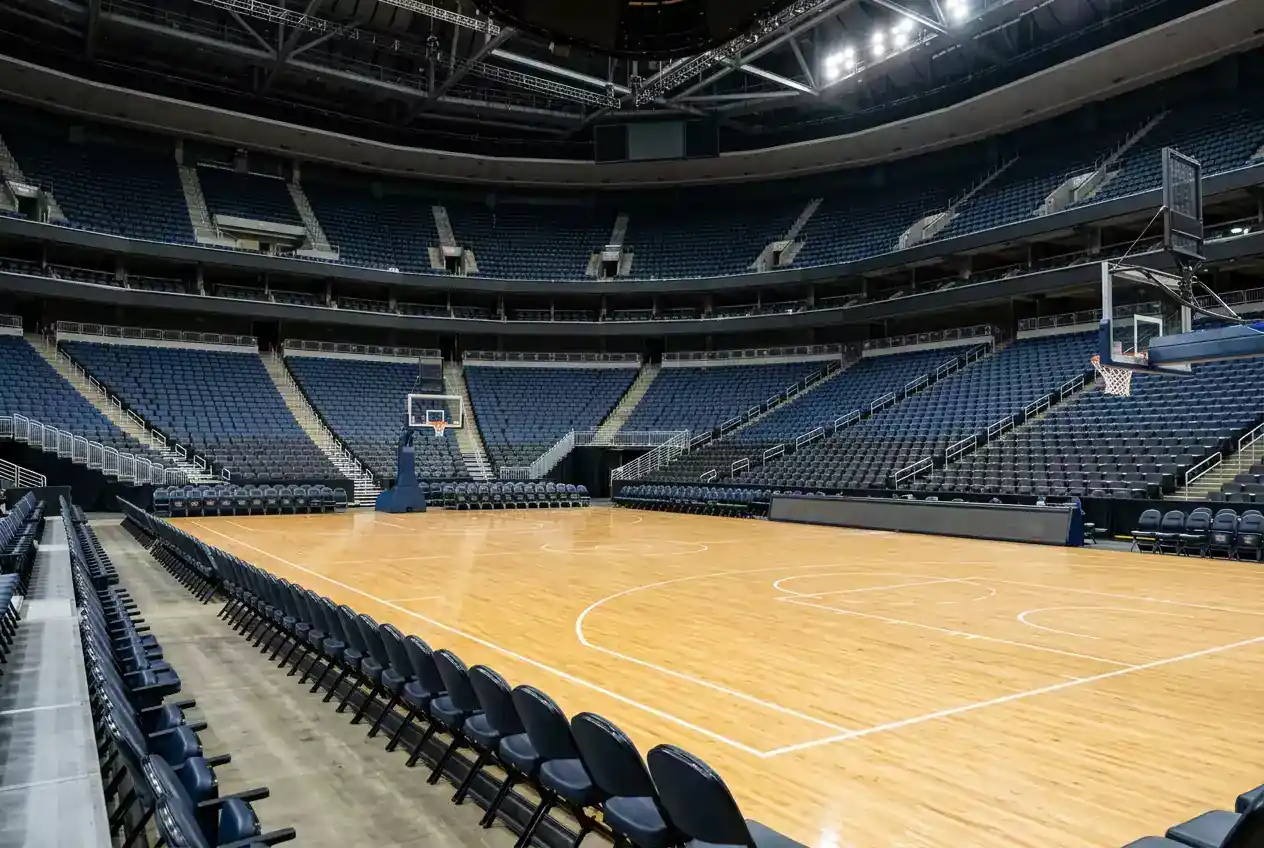 Empty NBA hardwood arena with the lights up and chairs set out around an empty court