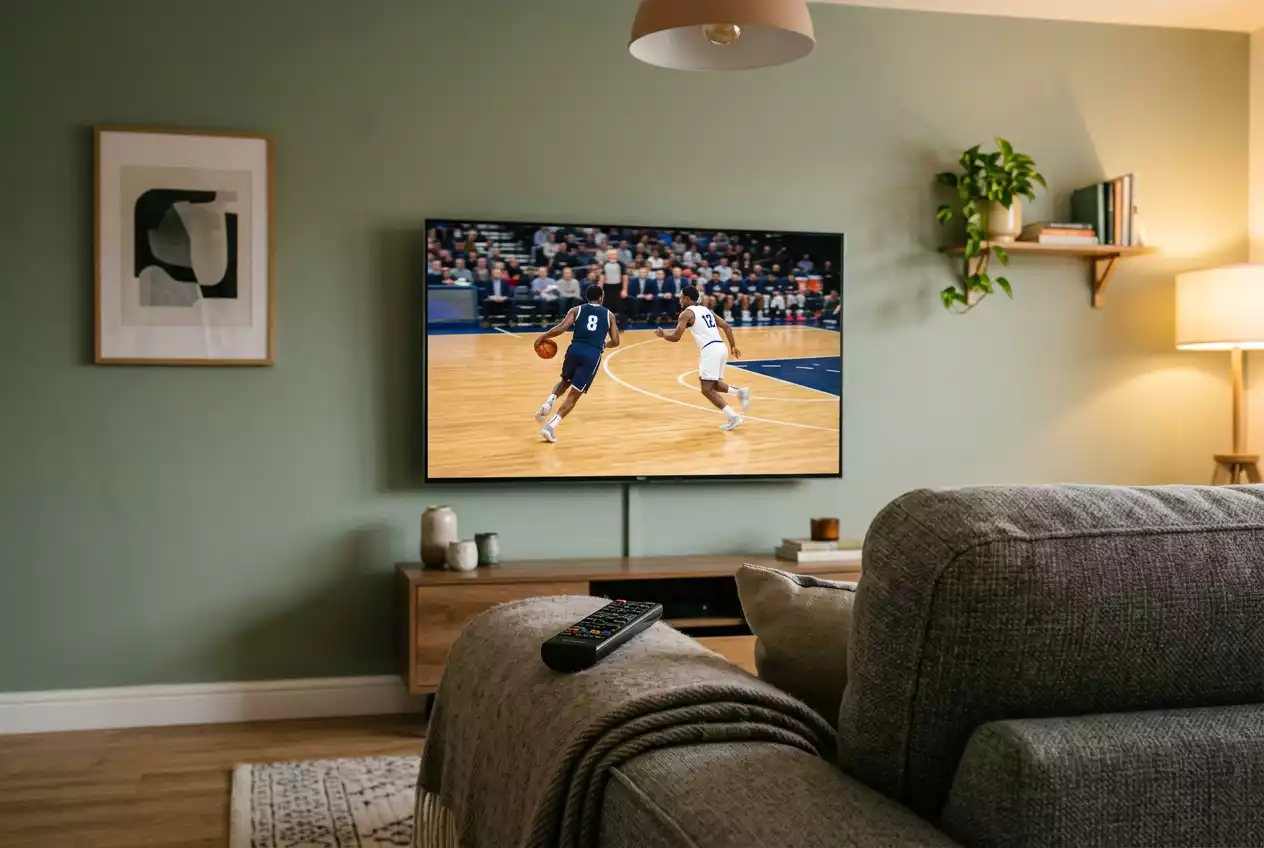 Television in a UK living room showing a basketball game in progress with the remote on the sofa armrest