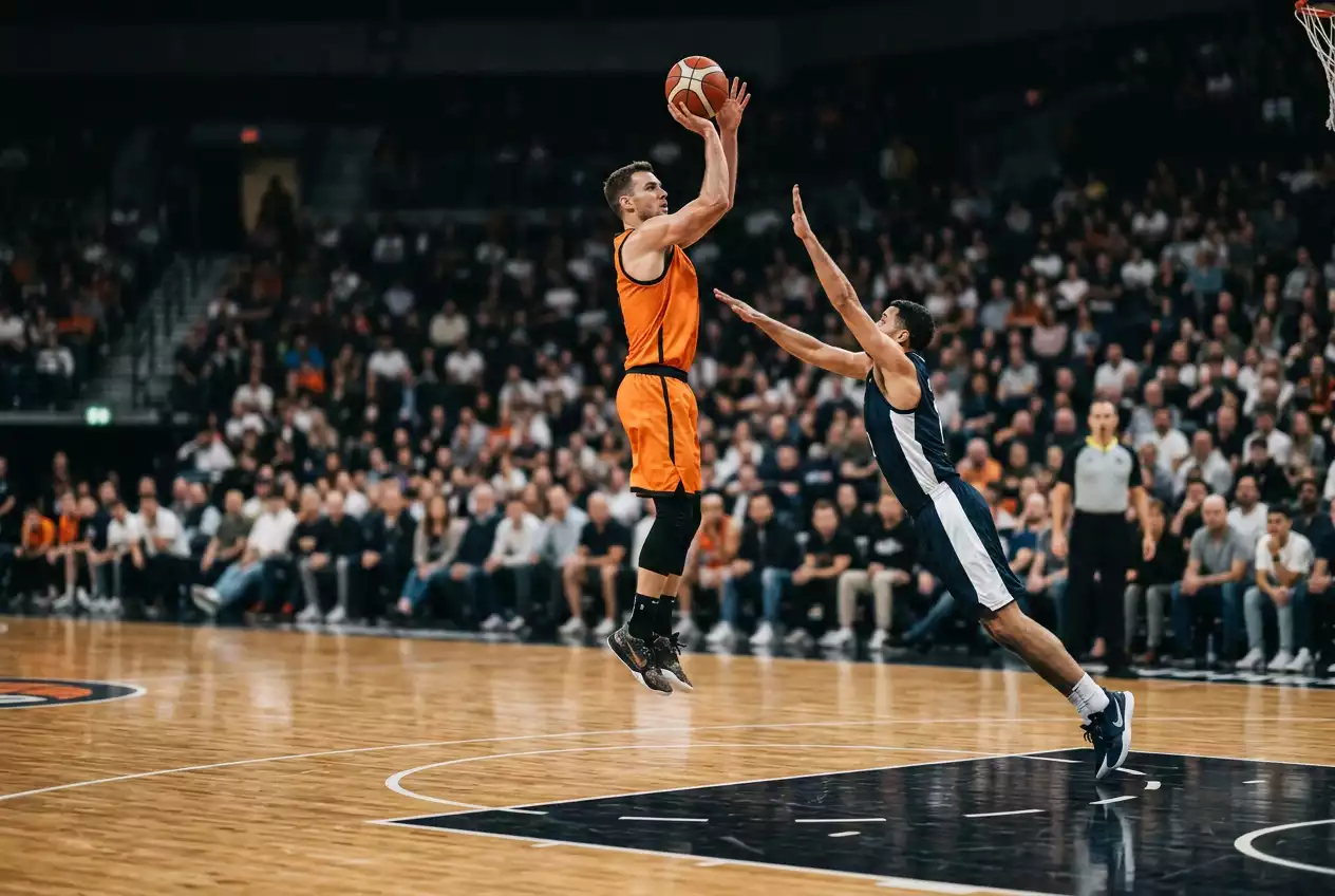 Basketball player taking a contested mid-range jump shot on a professional hardwood court