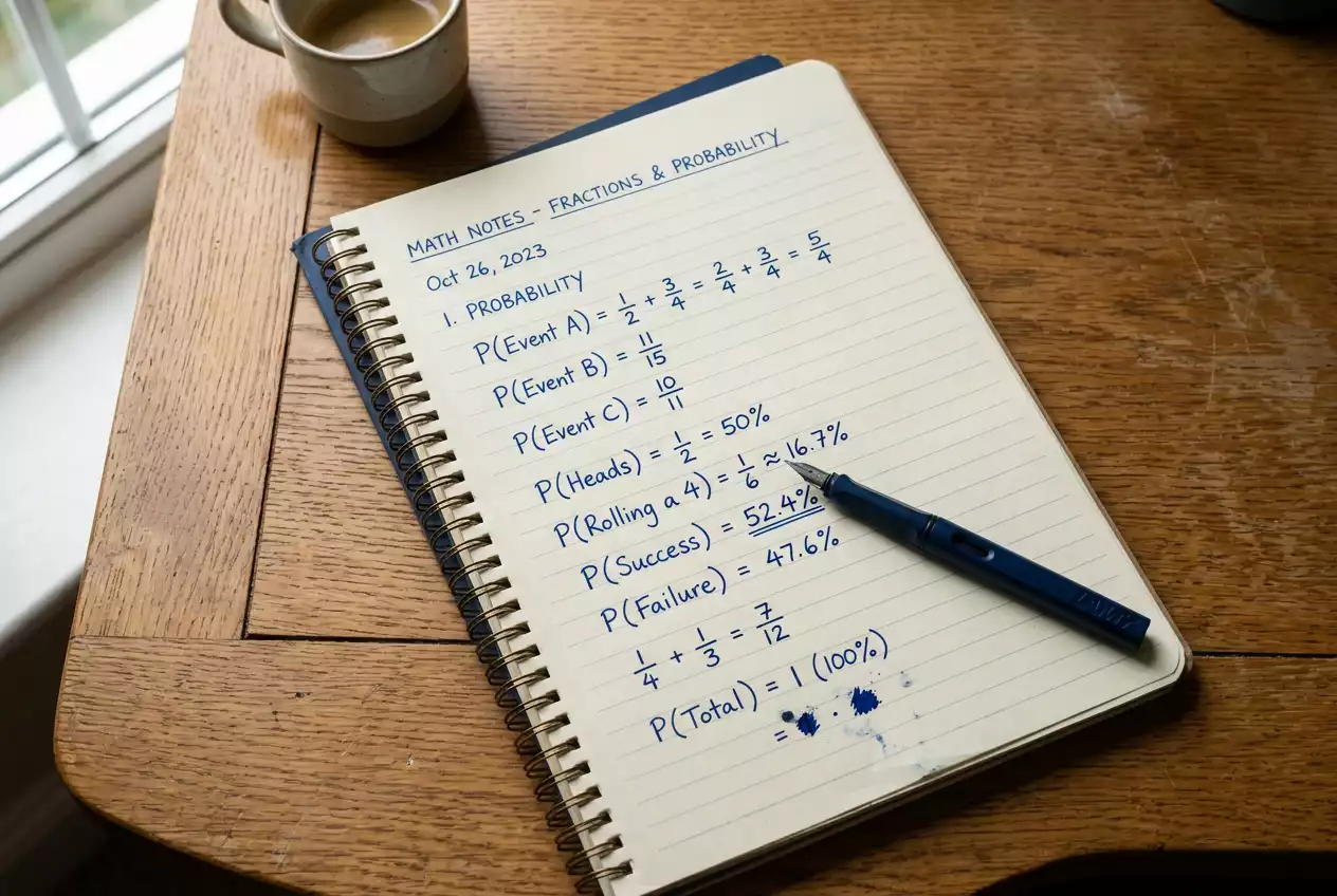 Open notebook with hand-written probability fractions and a pen on a wooden desk