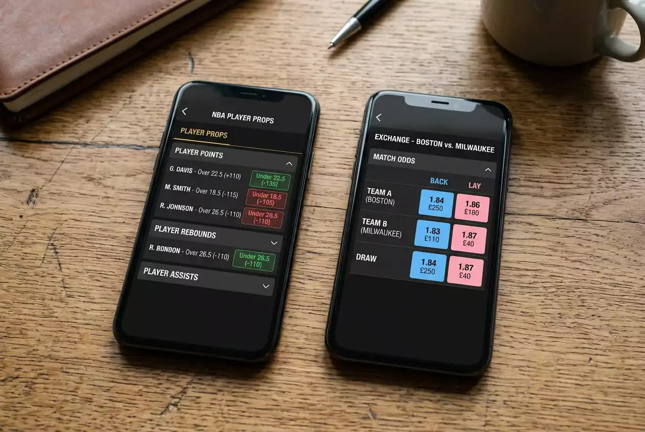 Two smartphones on a desk one showing a sportsbook screen and the other showing a betting exchange grid