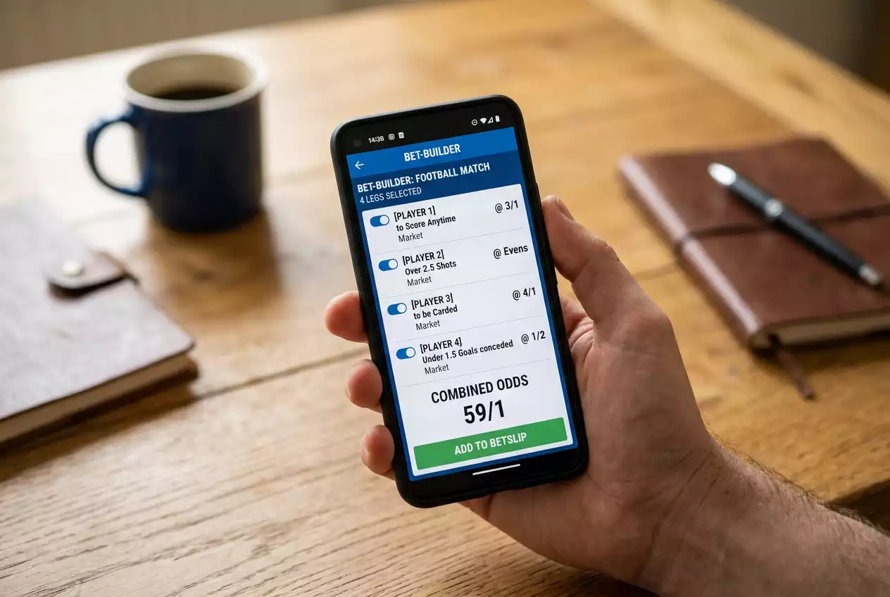 Smartphone showing a sportsbook bet builder interface with four NBA prop legs combined into one slip