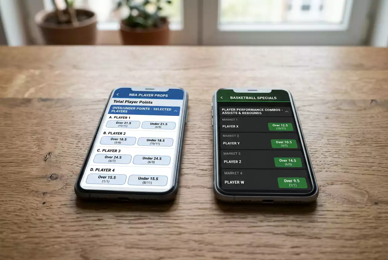 Two smartphones side by side on a desk each showing a different UK sportsbook NBA prop screen