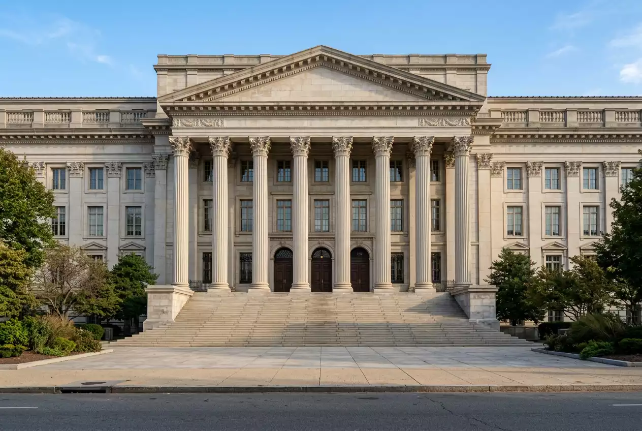 Exterior of a US federal courthouse building with stone columns and stairs