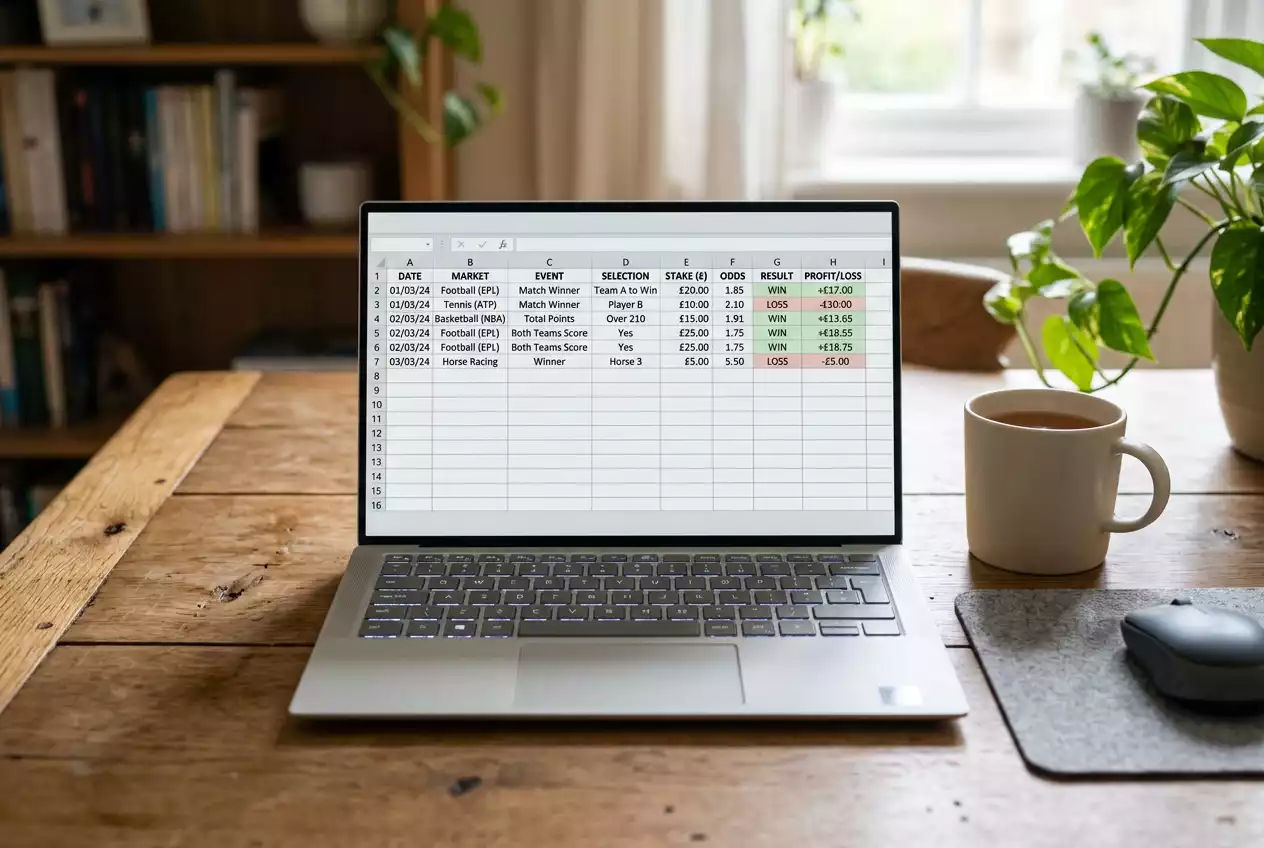 Laptop on a wooden desk showing a tabular bet log with multiple columns of betting data