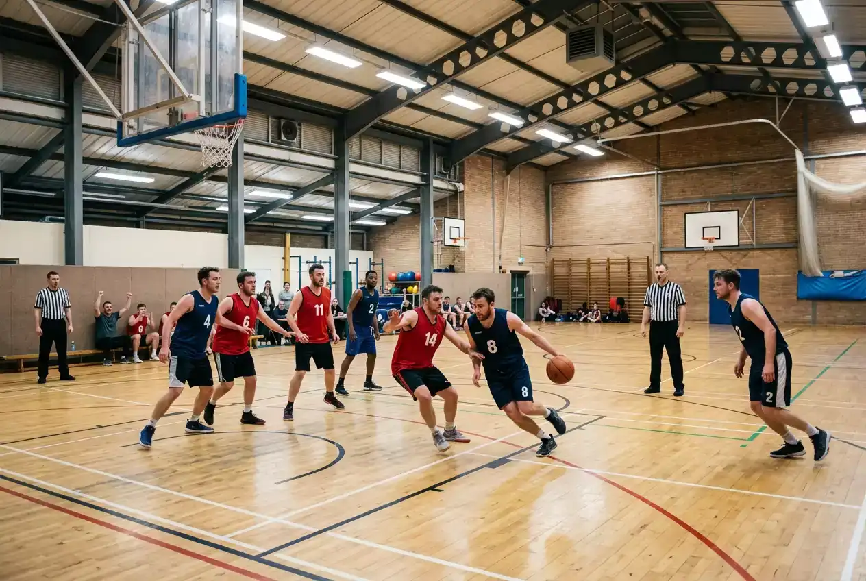 Adult amateur basketball game in a UK community sports hall with a hardwood court