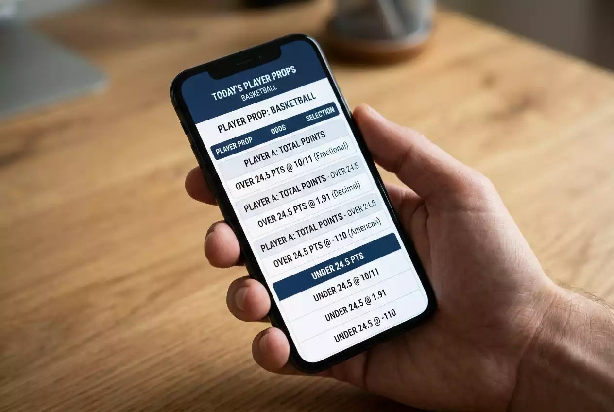 Smartphone screen displaying a basketball player prop bet line in three odds formats side by side