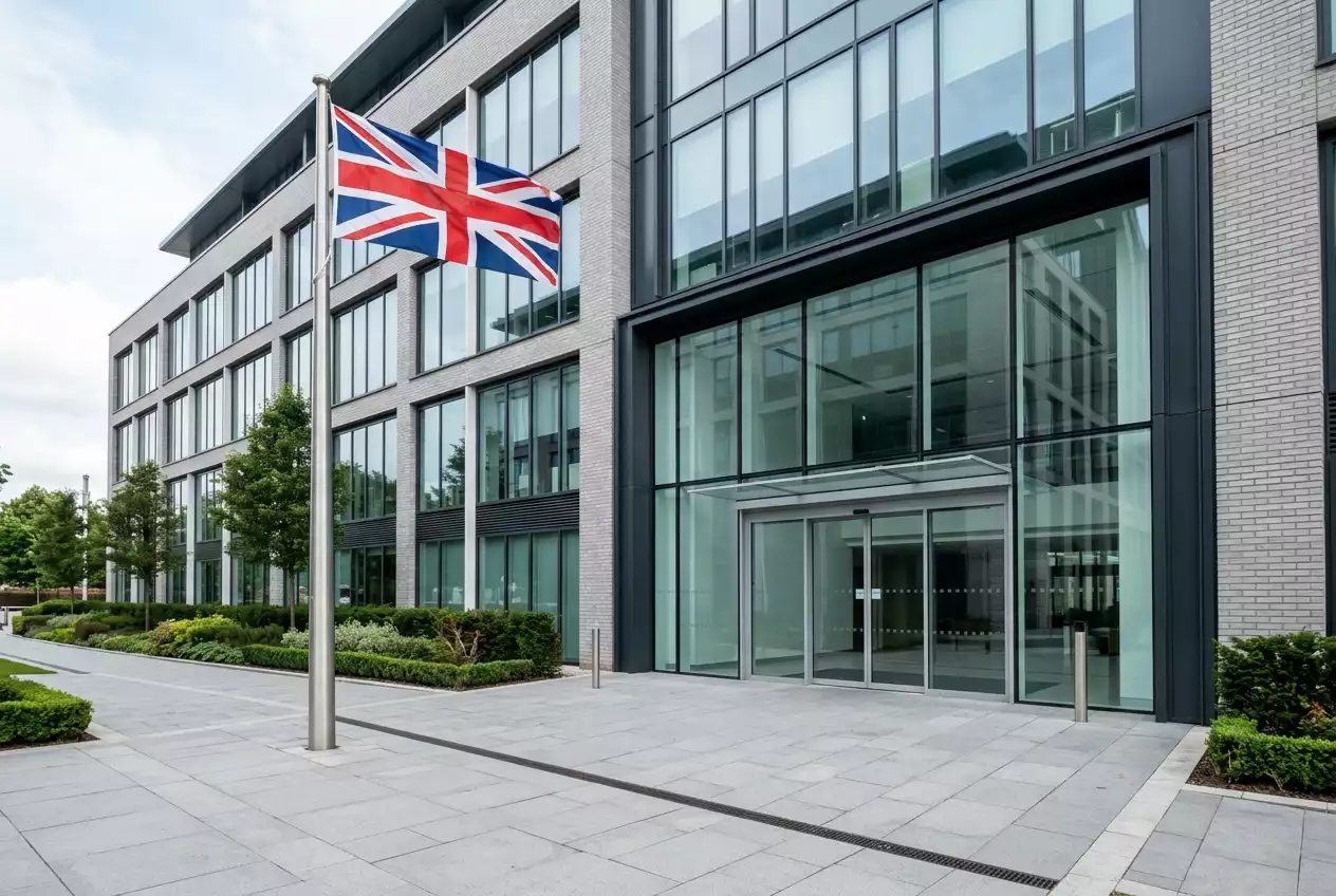 Plain government office building exterior with a glass entrance and the Union Flag on a pole