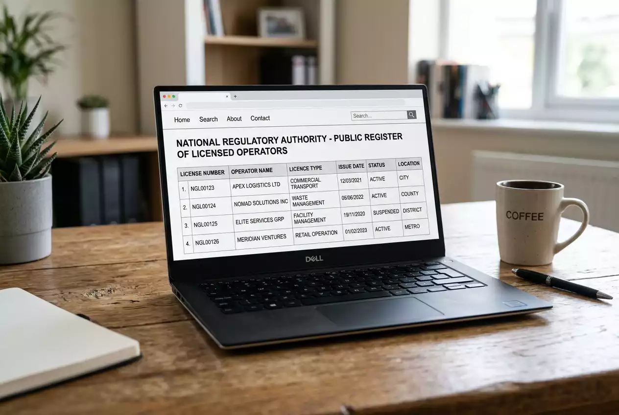 Laptop on a desk showing a generic government regulator public register webpage with operator entries